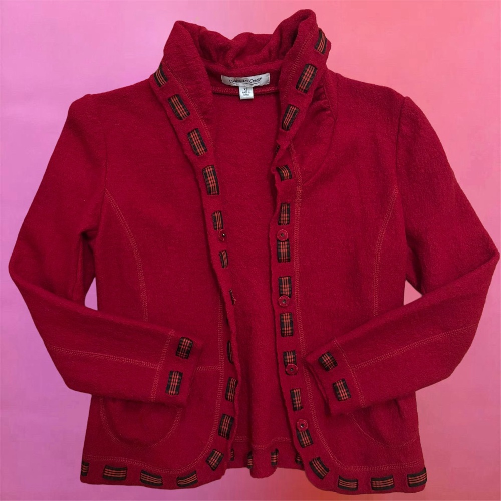 Vintage 90s Y2K Red Wool Button-Up Jacket Cardigan w/ Black Plaid Trim - XS - Picture 7 of 14